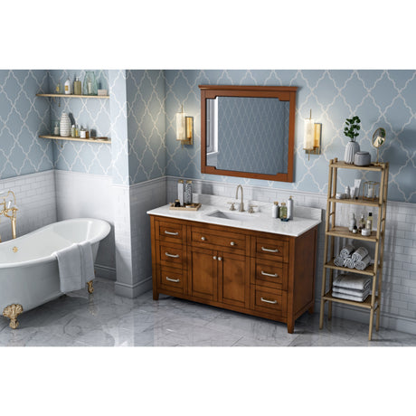 Jeffrey Alexander Chatham 60" Chocolate Double Sink Bathroom Vanity with White Carrara Marble Top - 8 in. Widespread Faucet Top - VKITCHA60SCHWCR