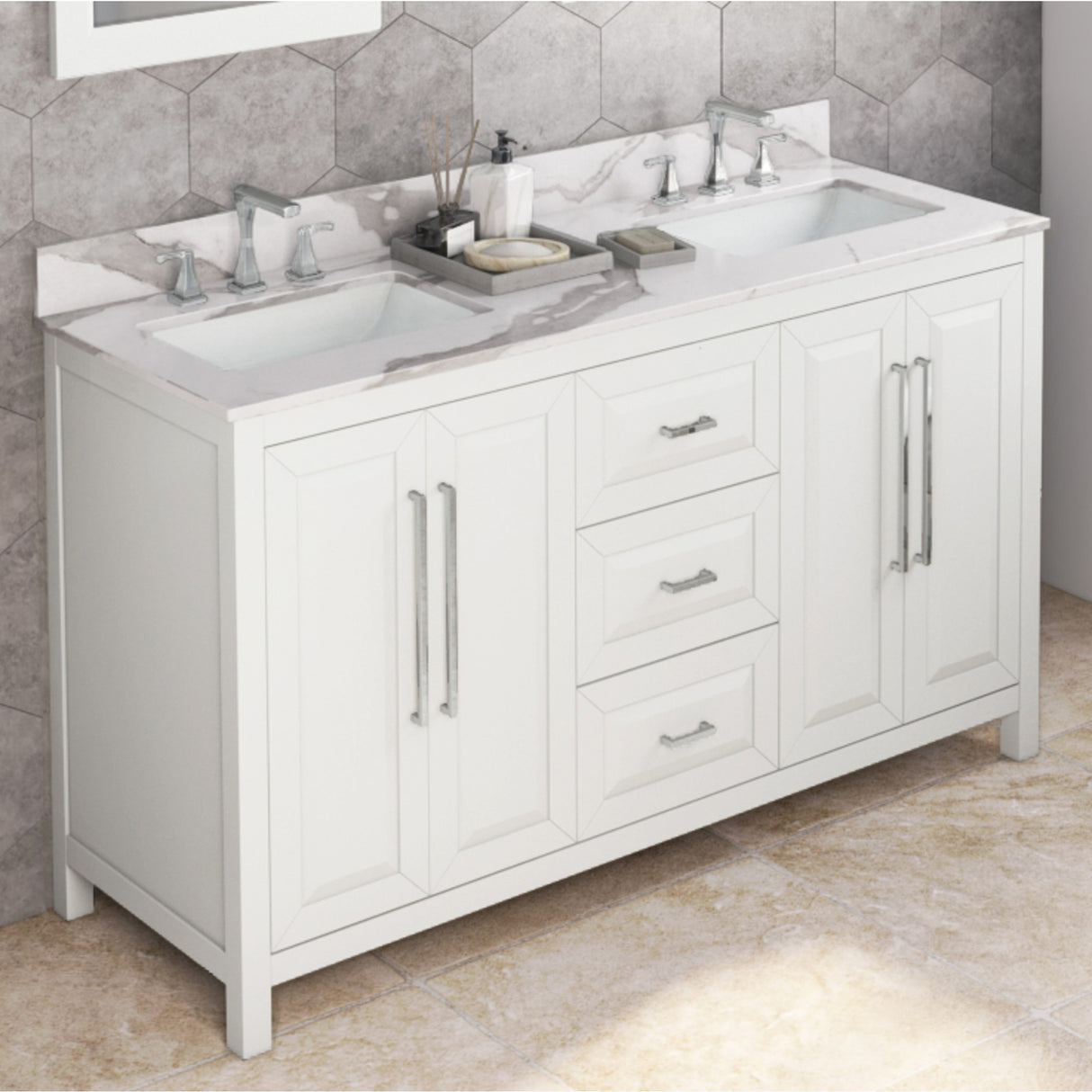Jeffrey Alexander Cade 60" White Double Sink Bathroom Vanity with Calacatta Vienna Quartz Top - 8 in. Widespread Faucet Top product image 2