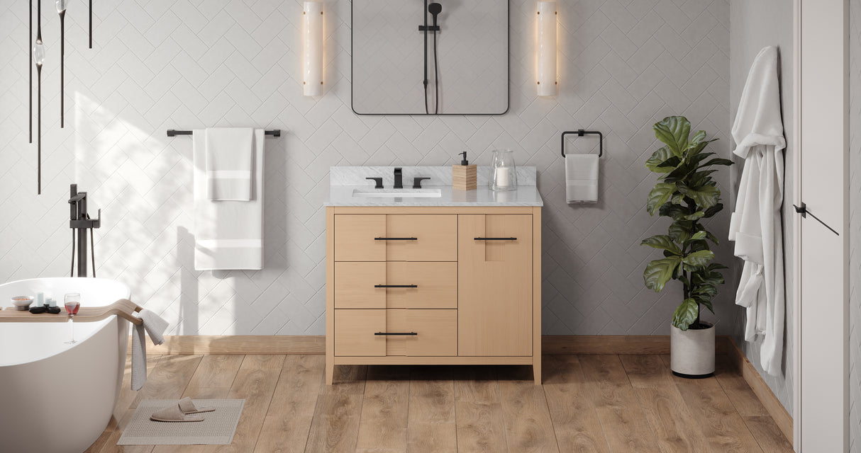Jeffrey Alexander Katara 42" Natural Oak Single Sink Bathroom Vanity with White Carrara Marble Top - 8 in. Widespread Faucet Top product image 6