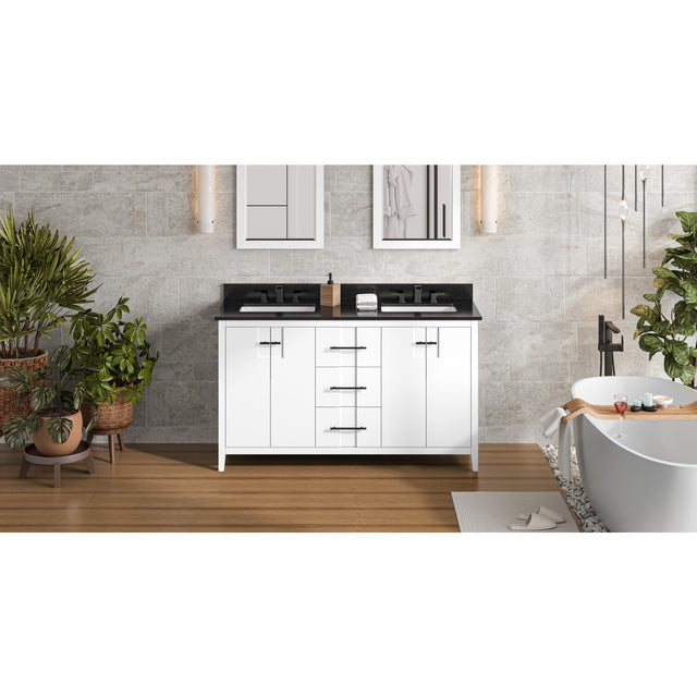 Jeffrey Alexander Katara 60" White Double Sink Bathroom Vanity with Black Granite Top - 8 in. Widespread Faucet Top