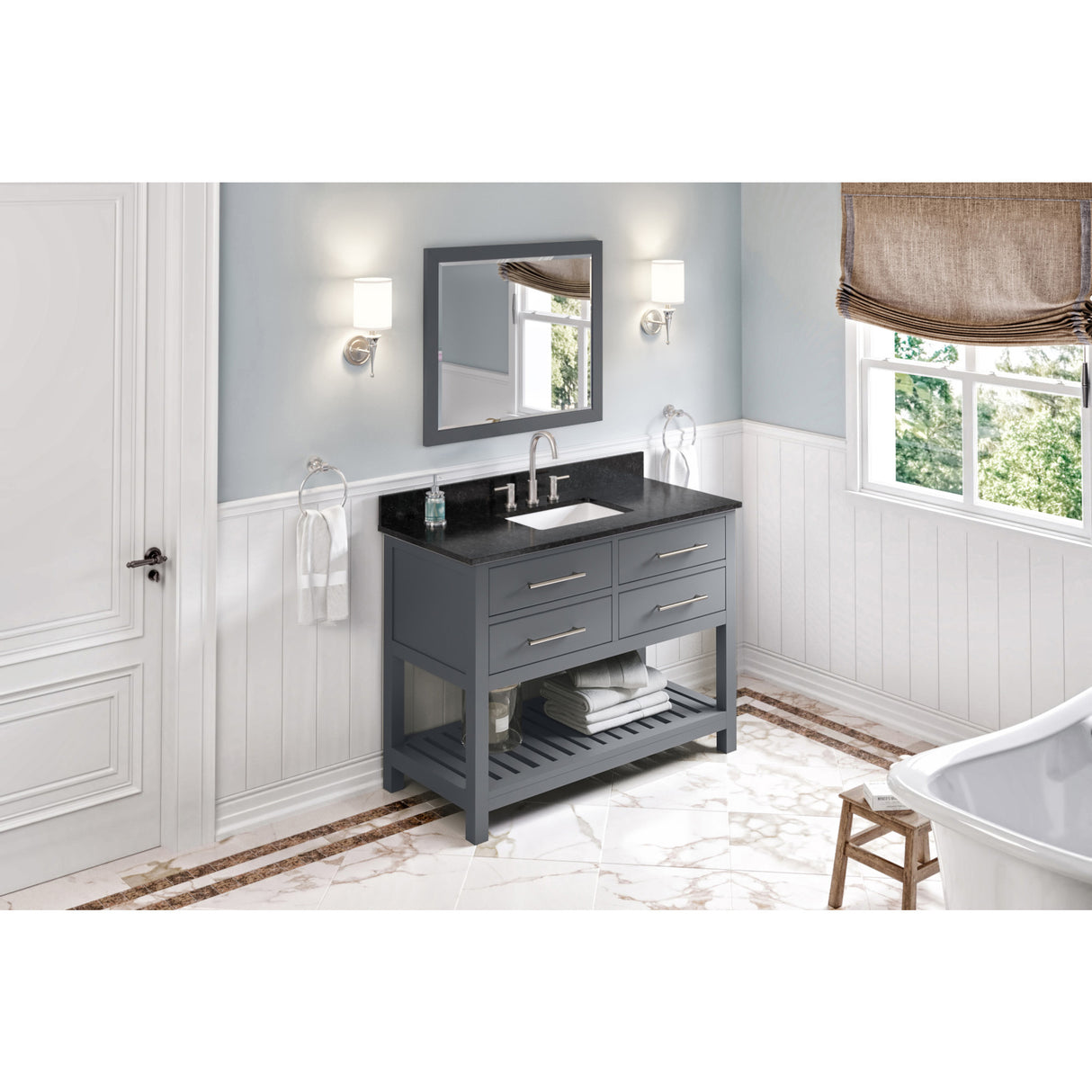 Jeffrey Alexander Wavecrest 48" Grey Single Sink Bathroom Vanity with Black Granite Top - 8 in. Widespread Faucet Top
