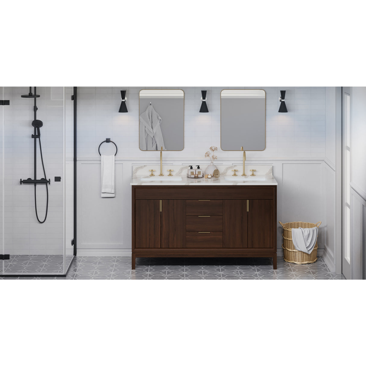 Jeffrey Alexander Theodora 60" Dark Walnut Double Sink Bathroom Vanity with Calacatta Vienna Quartz Top - 8 in. Widespread Faucet Top