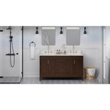 Jeffrey Alexander Theodora 60" Dark Walnut Double Sink Bathroom Vanity with Calacatta Vienna Quartz Top - 8 in. Widespread Faucet Top