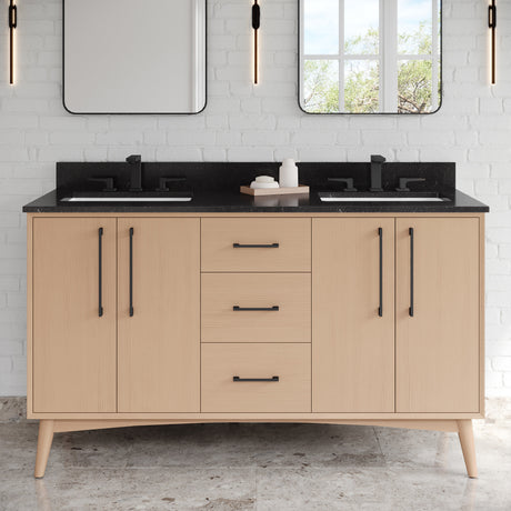Jeffrey Alexander Dashwood 60" Natural Oak Double Sink Bathroom Vanity with Black Granite Top - 8 in. Widespread Faucet Top