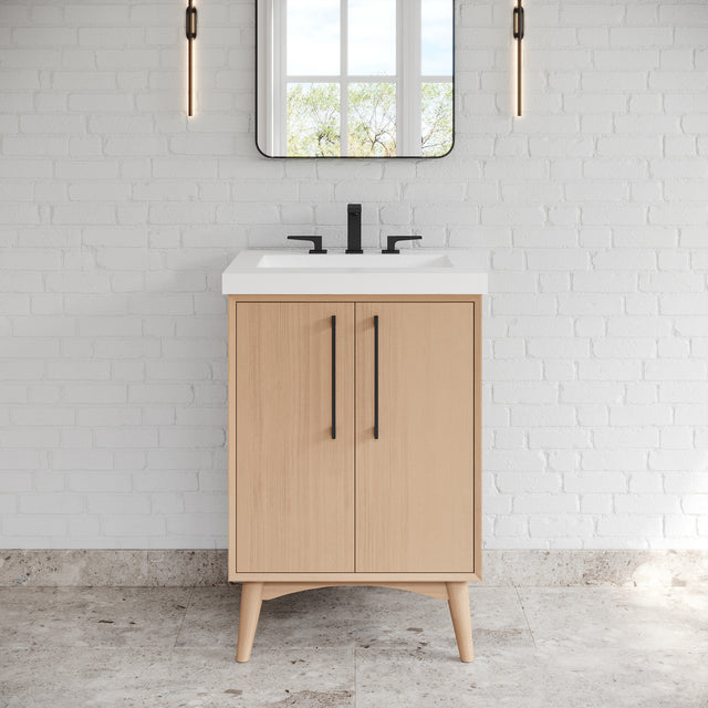 Jeffrey Alexander Dashwood Natural Oak Single Sink Bathroom Vanity with White Resin Top - Single-Hole Faucet Top - VKITDAS24NORER