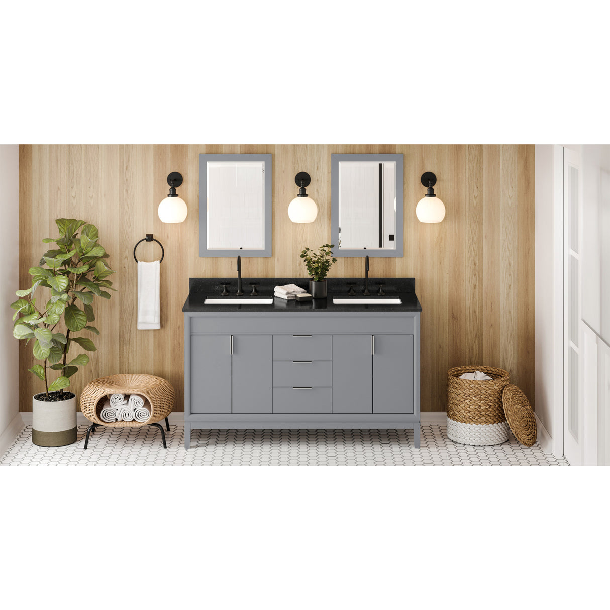 Jeffrey Alexander Theodora 60" Grey Double Sink Bathroom Vanity with Black Granite Top - 8 in. Widespread Faucet Top