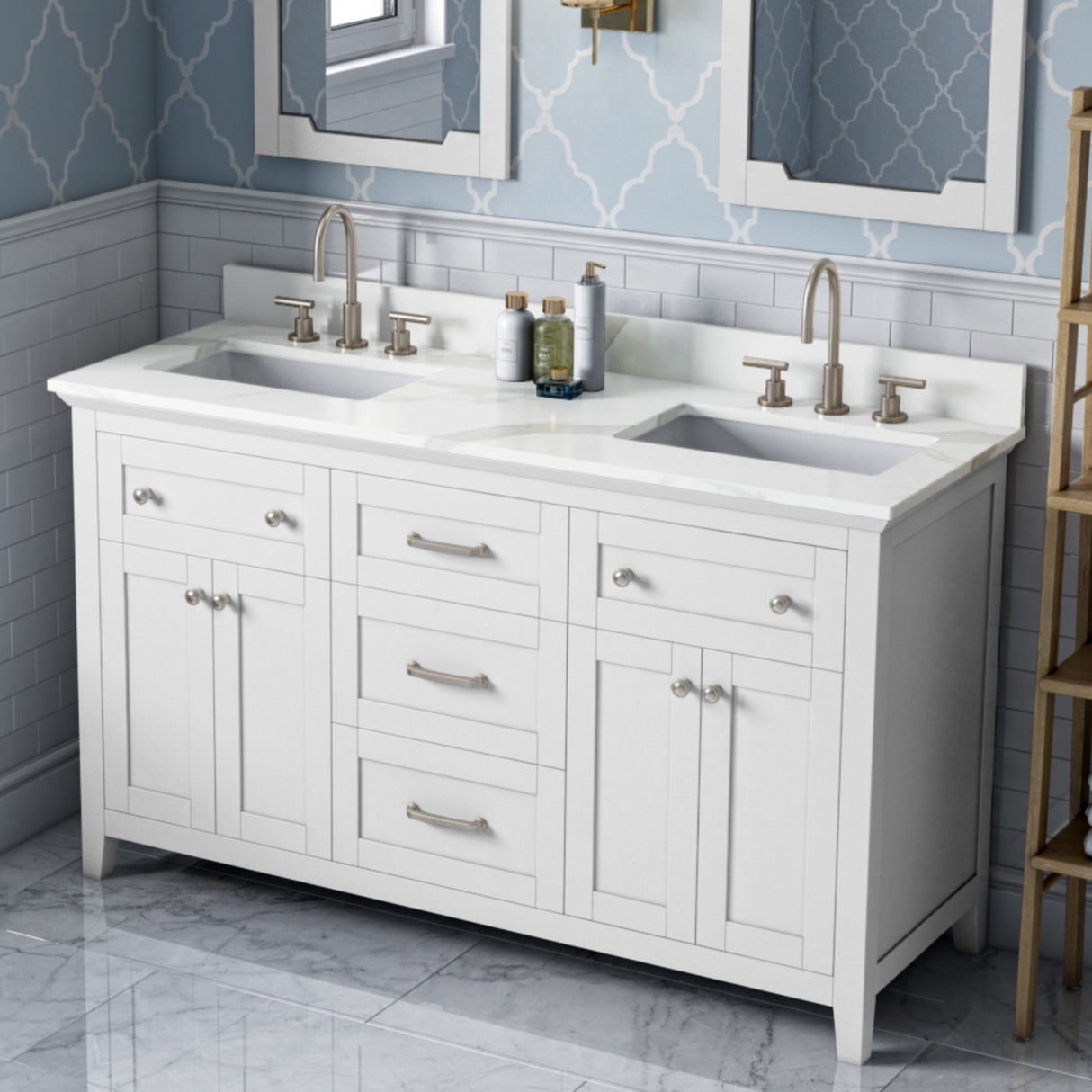 Jeffrey Alexander Chatham 60" White Double Sink Bathroom Vanity with Calacatta Vienna Quartz Top - 8 in. Widespread Faucet Top - VKITCHA60WHCQR product image 2