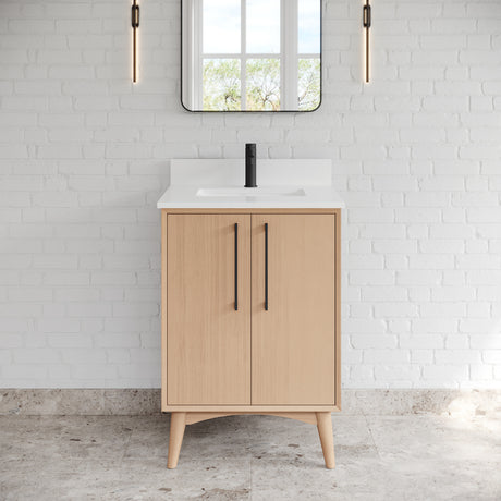 Jeffrey Alexander Dashwood Natural Oak Single Sink Bathroom Vanity with White Quartz Top - Single-Hole Faucet Top - VKITDAS24NOWQR1