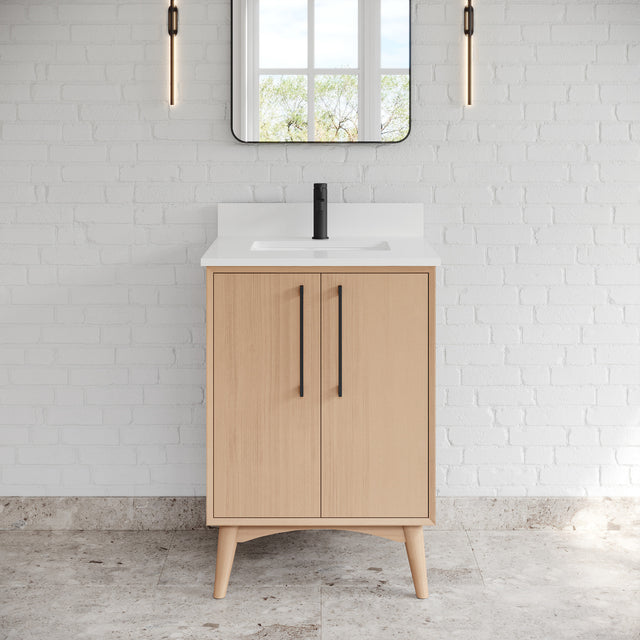 Jeffrey Alexander Dashwood Natural Oak Single Sink Bathroom Vanity with White Quartz Top - Single-Hole Faucet Top - VKITDAS24NOWQR1