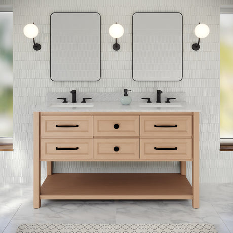 Jeffrey Alexander Kipling 60" Natural Oak Double Sink Bathroom Vanity with White Carrara Marble Top - 8 in. Widespread Faucet Top