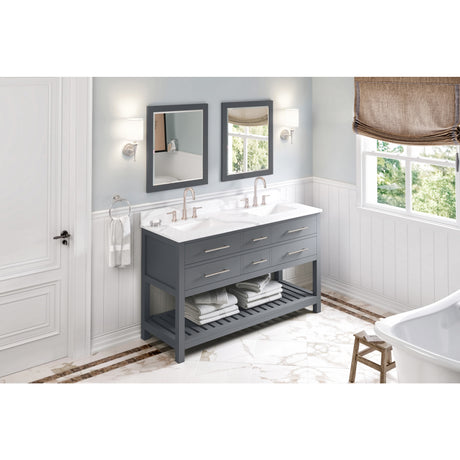 Jeffrey Alexander Wavecrest 60" Grey Double Sink Bathroom Vanity with Calacatta Vienna Quartz Top - 8 in. Widespread Faucet Top