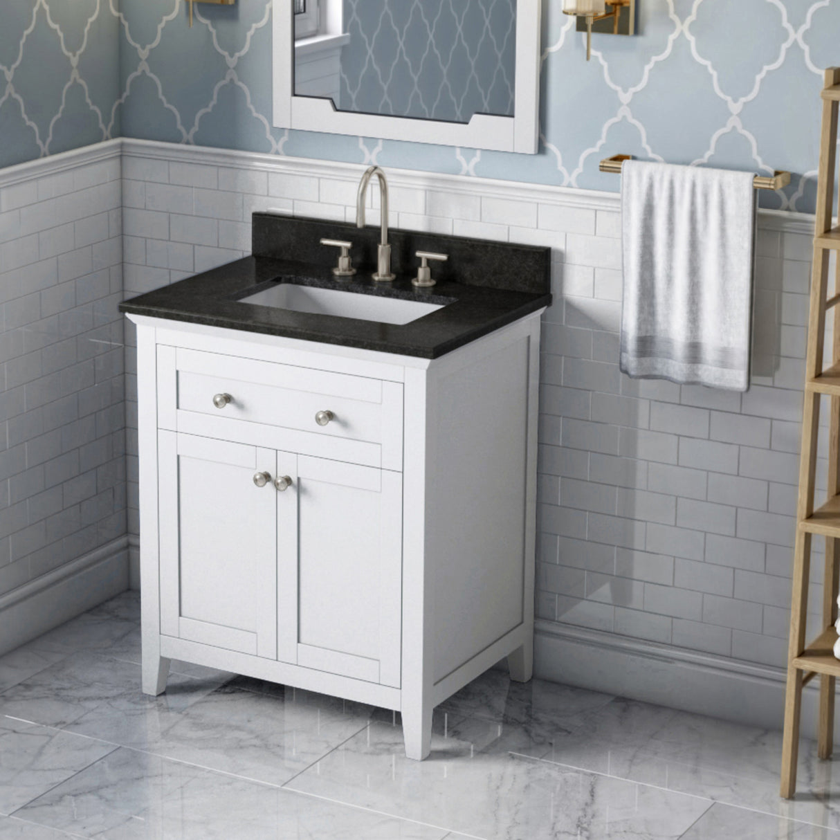 Jeffrey Alexander Chatham 30" White Single Sink Bathroom Vanity with Black Granite Top - 8 in. Widespread Faucet Top product image 2
