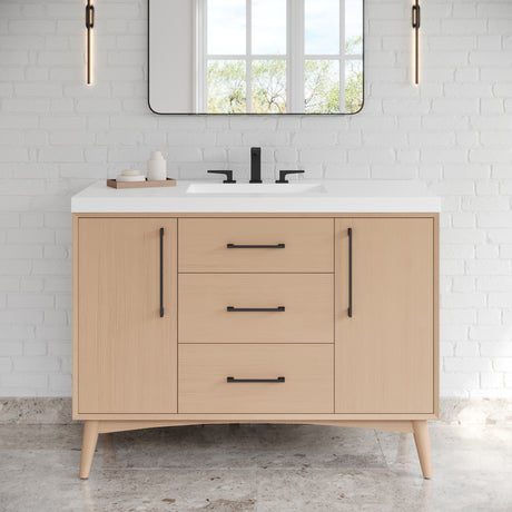 Jeffrey Alexander Dashwood Natural Oak Single Sink Bathroom Vanity with White Resin Top - 8 in. Widespread Faucet Top - VKITDAS48NORER