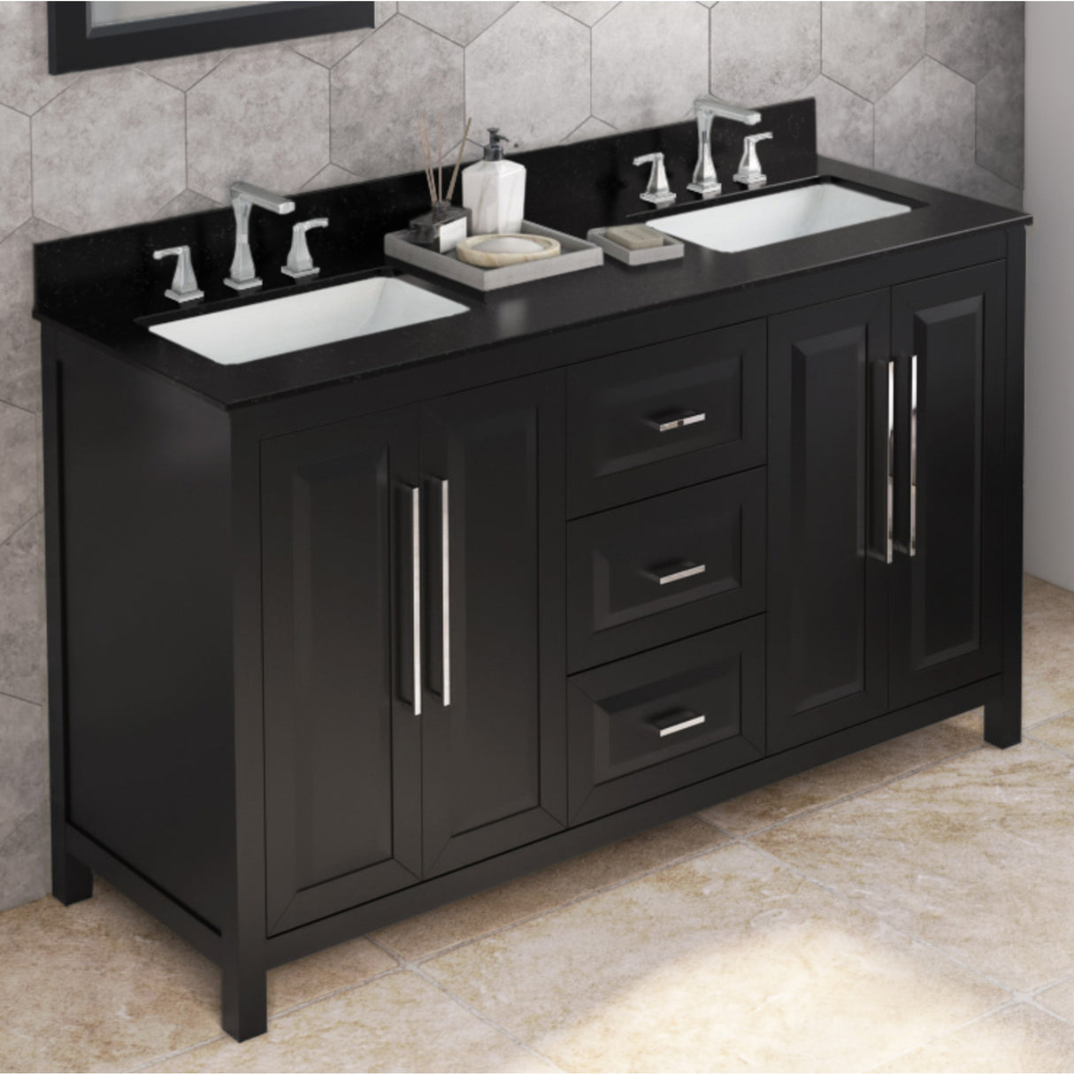 Jeffrey Alexander Cade 60" Black Double Sink Bathroom Vanity with Black Granite Top - 8 in. Widespread Faucet Top product image 2
