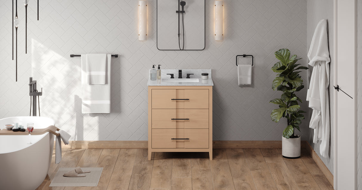 Jeffrey Alexander Katara 30" Natural Oak Single Sink Bathroom Vanity with White Carrara Marble Top - 8 in. Widespread Faucet Top product image 6