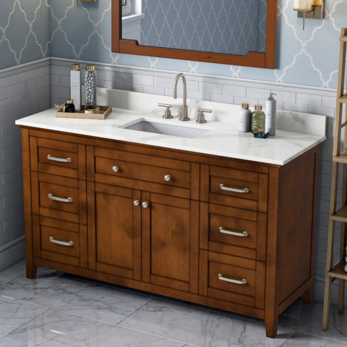 Jeffrey Alexander Chatham 60" Chocolate Double Sink Bathroom Vanity with Calacatta Vienna Quartz Top - 8 in. Widespread Faucet Top - VKITCHA60SCHCQR product image 2