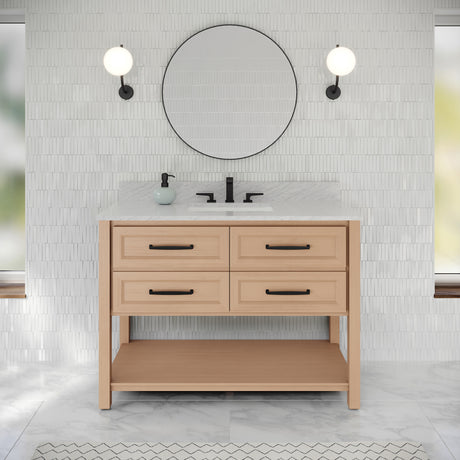 Jeffrey Alexander Kipling 49" Natural Oak Single Sink Bathroom Vanity with White Carrara Marble Top - Single-Hole Faucet Top