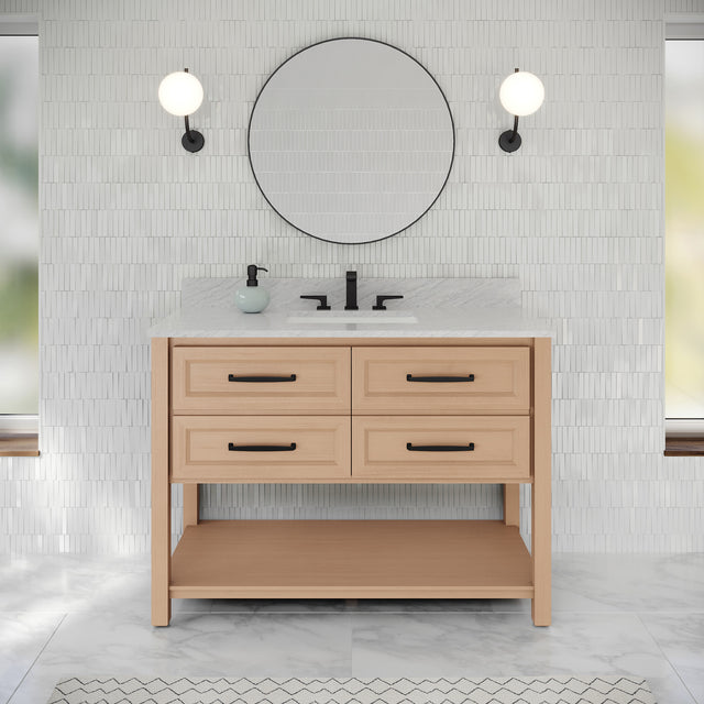 Jeffrey Alexander Kipling 49" Natural Oak Single Sink Bathroom Vanity with White Carrara Marble Top - Single-Hole Faucet Top