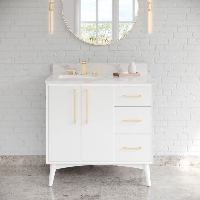 Jeffrey Alexander Dashwood White Single Sink Bathroom Vanity with Calacatta Vienna Quartz Top - 8 in. Widespread Faucet Top - VKITDAS36WHCQR