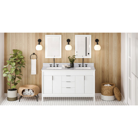 Jeffrey Alexander Theodora 60" White Double Sink Bathroom Vanity with White Carrara Marble Top - 8 in. Widespread Faucet Top