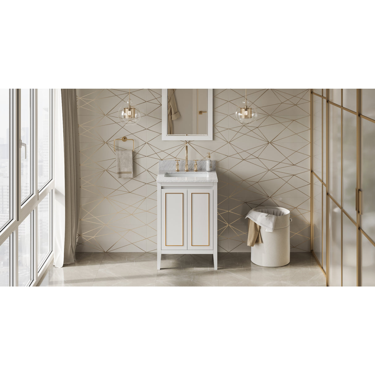 Jeffrey Alexander Percival 24" White Single Sink Bathroom Vanity with White Carrara Marble Top - 8 in. Widespread Faucet Top