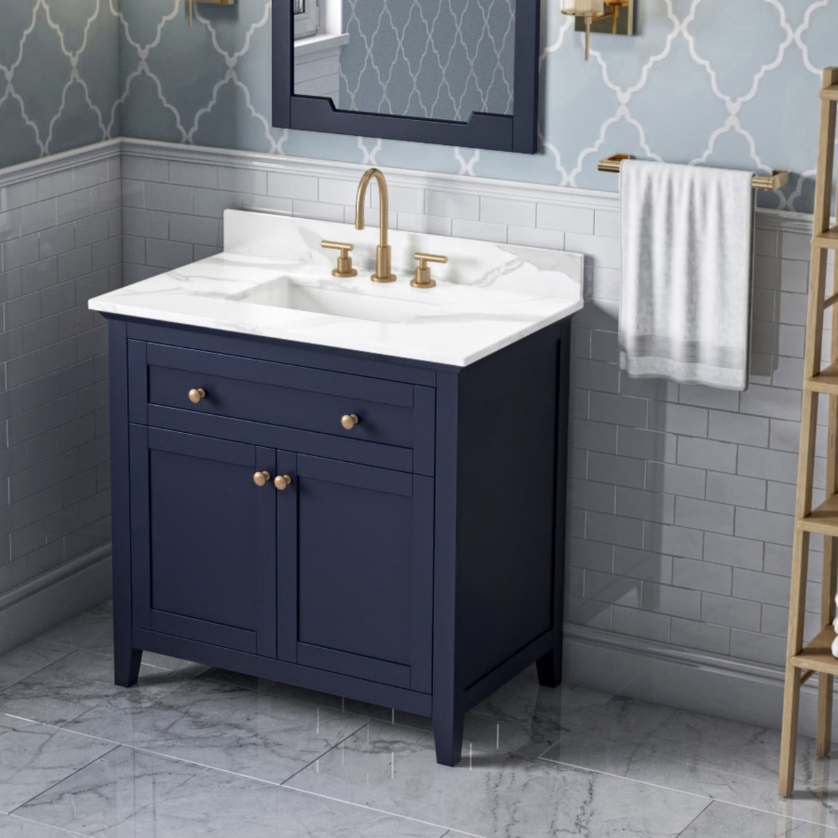 Jeffrey Alexander Chatham 36" Hale Blue Single Sink Bathroom Vanity with Calacatta Vienna Quartz Top - 8 in. Widespread Faucet Top product image 2