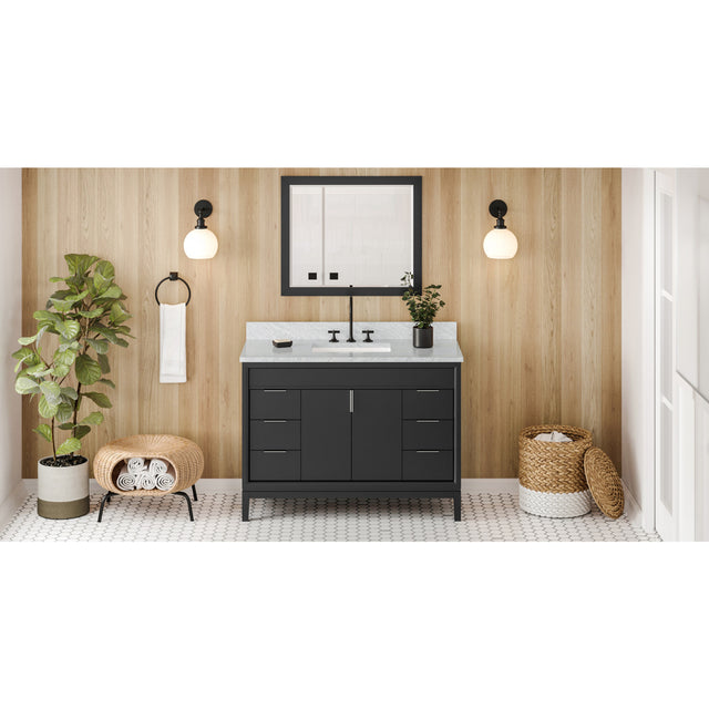Jeffrey Alexander Theodora 48" Black Single Sink Bathroom Vanity with White Carrara Marble Top - 8 in. Widespread Faucet Top