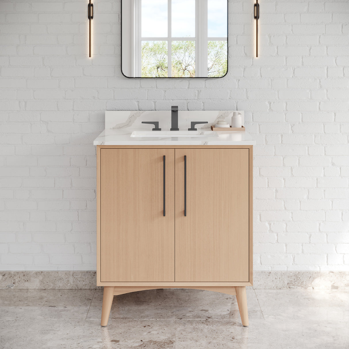 Jeffrey Alexander Dashwood Natural Oak Single Sink Bathroom Vanity with Calacatta Vienna Quartz Top - Single-Hole Faucet Top - VKITDAS30NOCQR