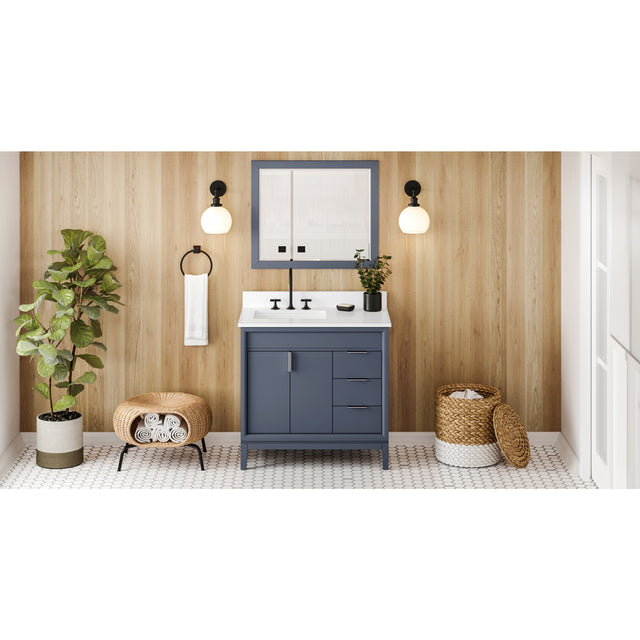 Jeffrey Alexander Theodora 36" Blue Steel Single Sink Bathroom Vanity with White Quartz Top - 8 in. Widespread Faucet Top
