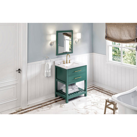 Jeffrey Alexander Wavecrest 30" Green Single Sink Bathroom Vanity with White Carrara Marble Top - 8 in. Widespread Faucet Top