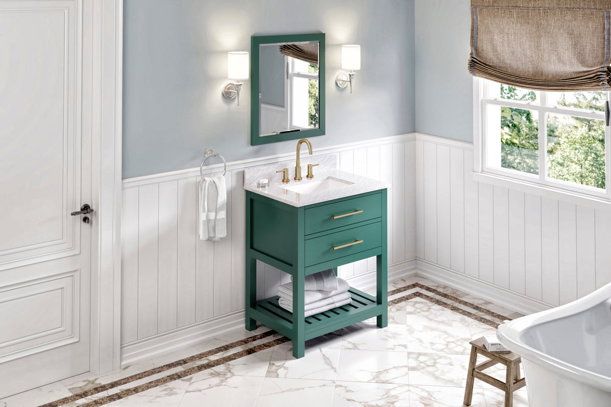Jeffrey Alexander Wavecrest 30" Green Single Sink Bathroom Vanity with White Carrara Marble Top - 8 in. Widespread Faucet Top product image 7