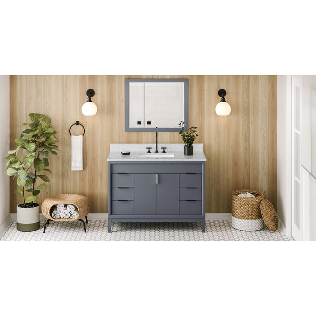 Jeffrey Alexander Theodora 48" Blue Steel Single Sink Bathroom Vanity with White Carrara Marble Top - 8 in. Widespread Faucet Top
