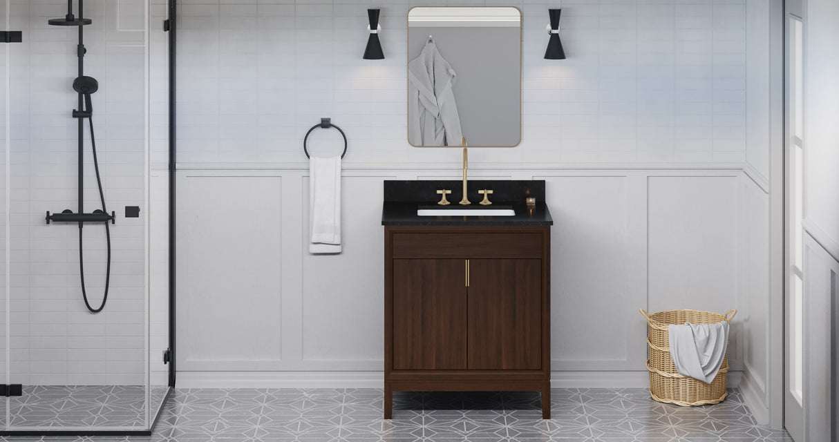 Jeffrey Alexander Theodora 30" Dark Walnut Single Sink Bathroom Vanity with Black Granite Top - 8 in. Widespread Faucet Top product image 6