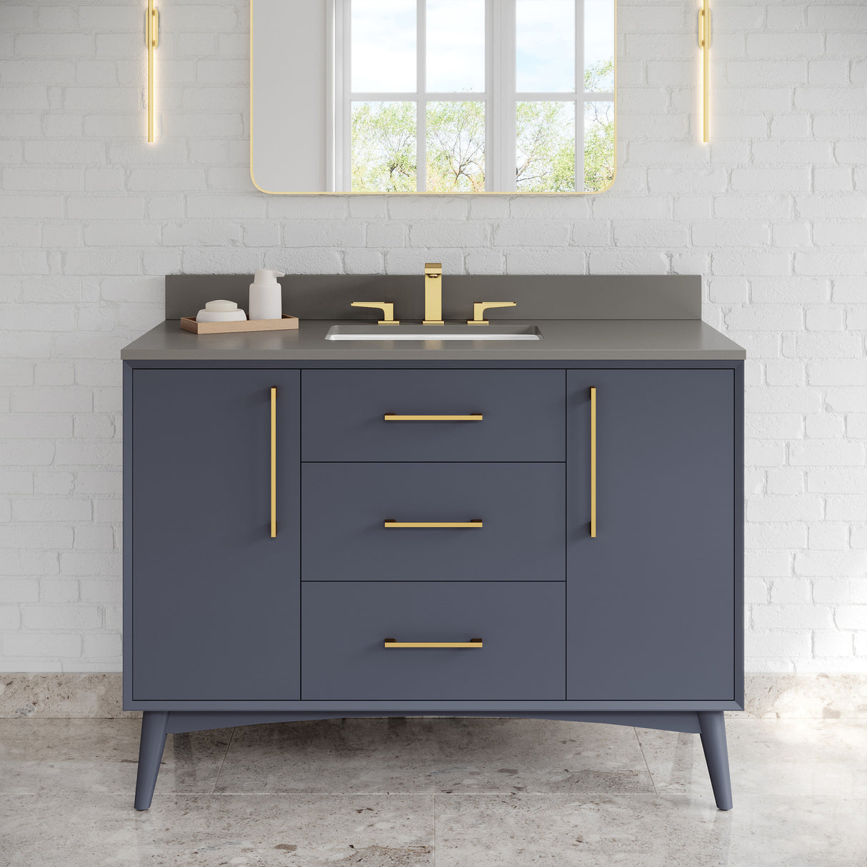 Jeffrey Alexander Dashwood Blue Steel Single Sink Bathroom Vanity with Grey Quartz Top - 8 in. Widespread Faucet Top - VKITDAS48BSGQR