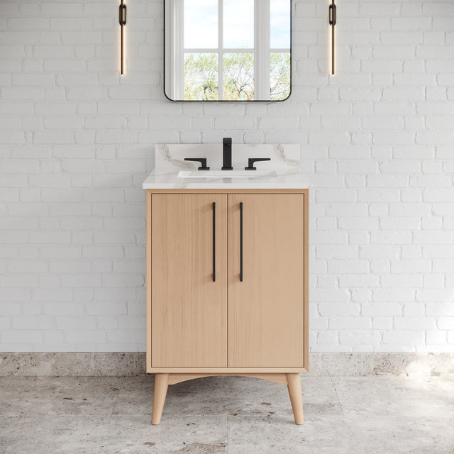 Jeffrey Alexander Dashwood Natural Oak Single Sink Bathroom Vanity with Calacatta Vienna Quartz Top - Single-Hole Faucet Top - VKITDAS24NOCQR
