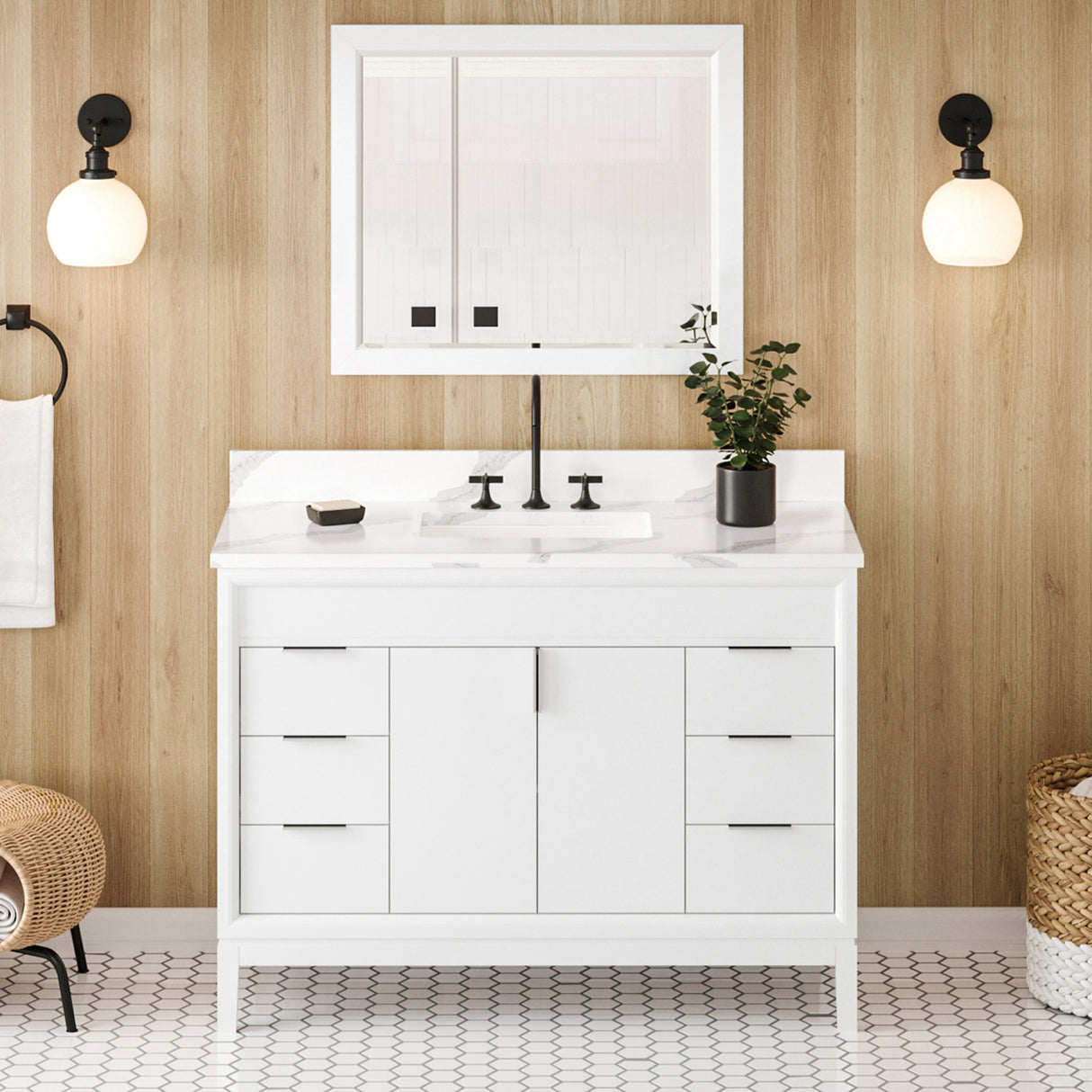 Jeffrey Alexander Theodora 48" White Single Sink Bathroom Vanity with Calacatta Vienna Quartz Top - 8 in. Widespread Faucet Top product image 2