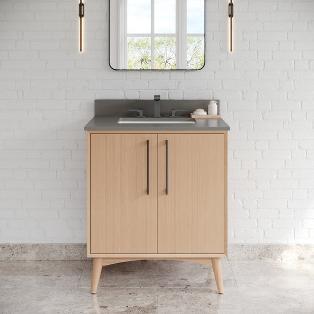 Jeffrey Alexander Dashwood Natural Oak Single Sink Bathroom Vanity with Grey Quartz Top - Single-Hole Faucet Top - VKITDAS30NOGQR