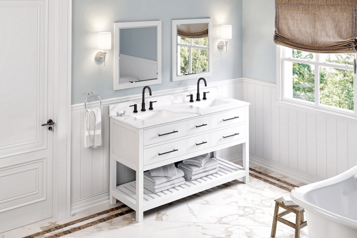 Jeffrey Alexander Wavecrest 60" White Double Sink Bathroom Vanity with Calacatta Vienna Quartz Top - 8 in. Widespread Faucet Top product image 7