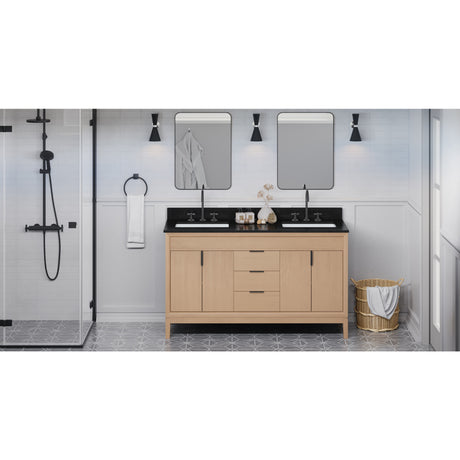 Jeffrey Alexander Theodora 60" Natural Oak Double Sink Bathroom Vanity with Black Granite Top - 8 in. Widespread Faucet Top