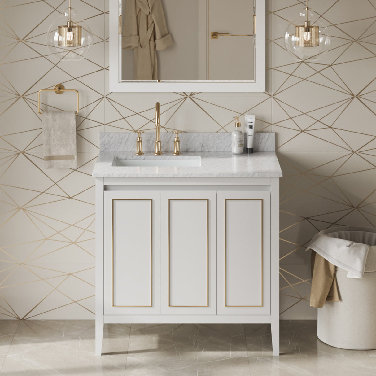 Jeffrey Alexander Percival 36" White Single Sink Bathroom Vanity with White Carrara Marble Top - 8 in. Widespread Faucet Top product image 2