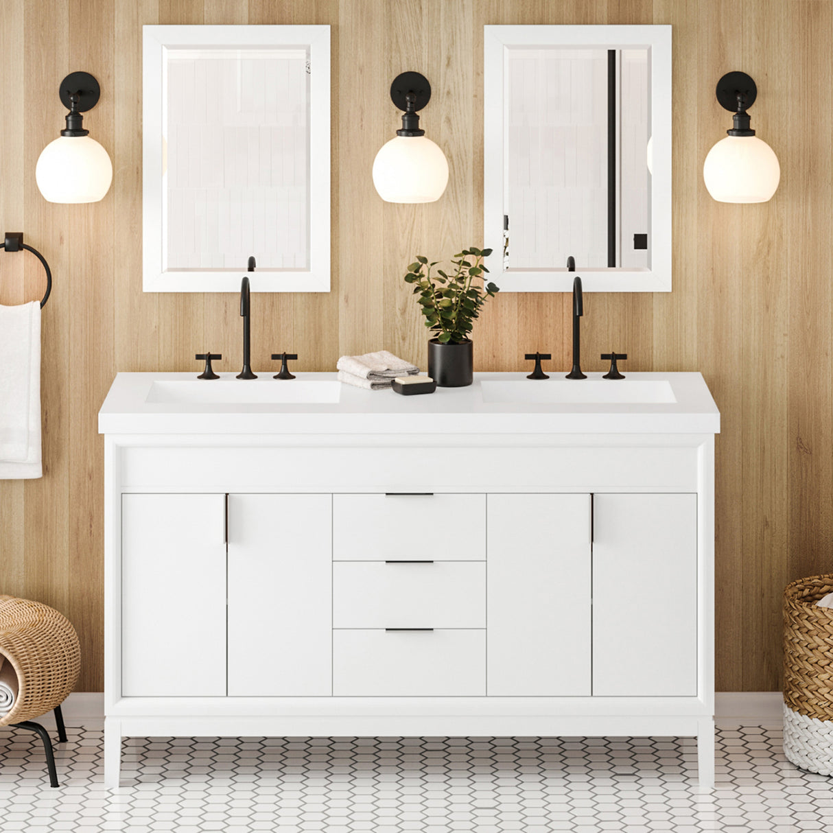 Jeffrey Alexander Theodora 61" White Double Sink Bathroom Vanity with White Resin Top - 8 in. Widespread Faucet Top