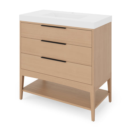 Jeffrey Alexander Gardner 37" Natural Oak Single Sink Bathroom Vanity with White Resin Top - Single-Hole Faucet Top - VKGAR36NOWDNORE