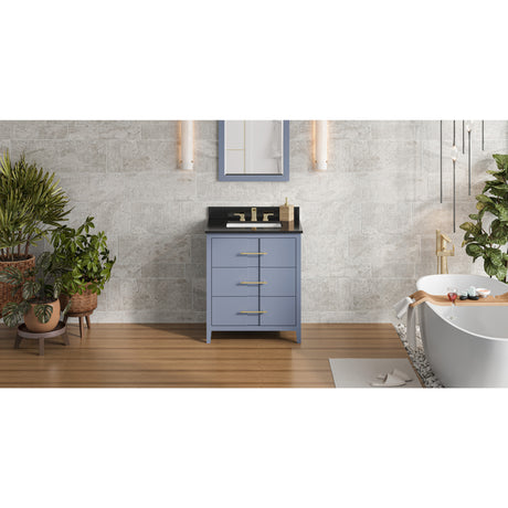 Jeffrey Alexander Katara 30" Blue Steel Single Sink Bathroom Vanity with Black Granite Top - 8 in. Widespread Faucet Top