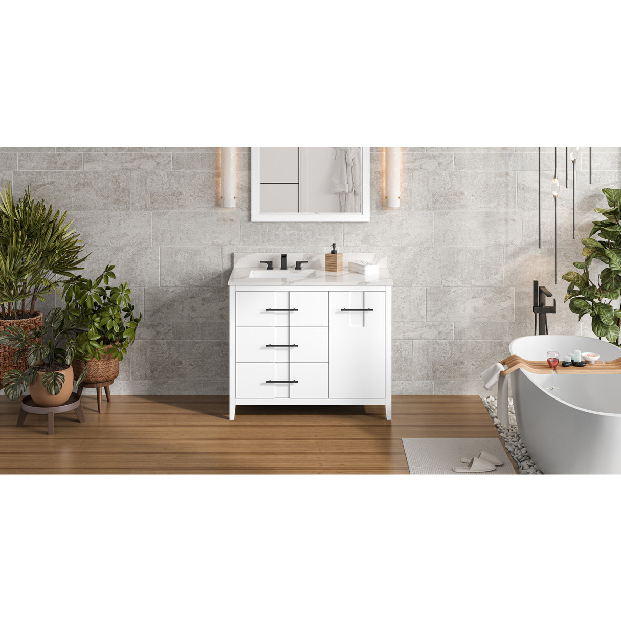 Jeffrey Alexander Katara 42" White Single Sink Bathroom Vanity with Calacatta Vienna Quartz Top - 8 in. Widespread Faucet Top