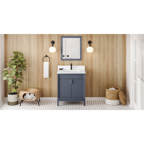 Jeffrey Alexander Theodora 30" Blue Steel Single Sink Bathroom Vanity with White Quartz Top - 8 in. Widespread Faucet Top - VKITTHE30BSWQR1