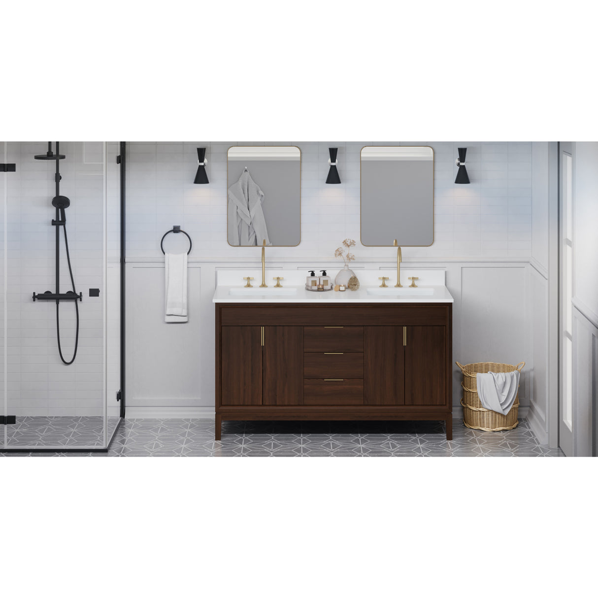 Jeffrey Alexander Theodora 60" Dark Walnut Double Sink Bathroom Vanity with White Quartz Top - 8 in. Widespread Faucet Top