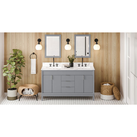 Jeffrey Alexander Theodora 60" Grey Double Sink Bathroom Vanity with Calacatta Vienna Quartz Top - 8 in. Widespread Faucet Top
