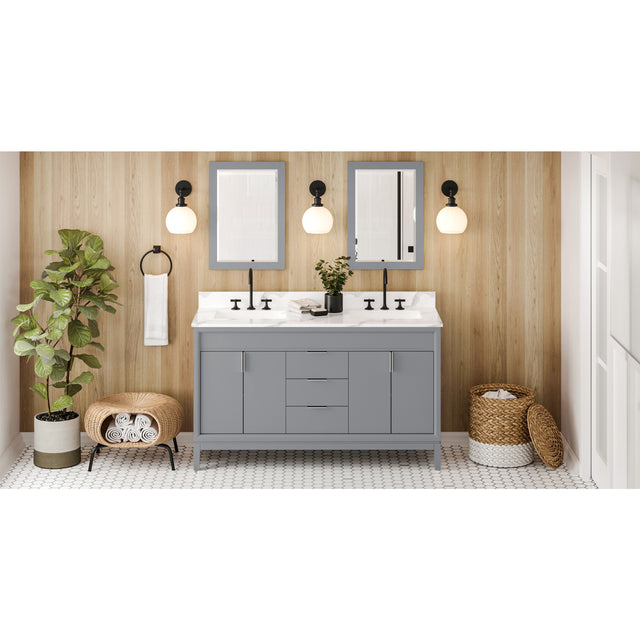 Jeffrey Alexander Theodora 60" Grey Double Sink Bathroom Vanity with Calacatta Vienna Quartz Top - 8 in. Widespread Faucet Top