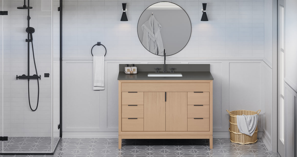 Jeffrey Alexander Theodora 48" Natural Oak Single Sink Bathroom Vanity with Grey Quartz Top - 8 in. Widespread Faucet Top product image 6