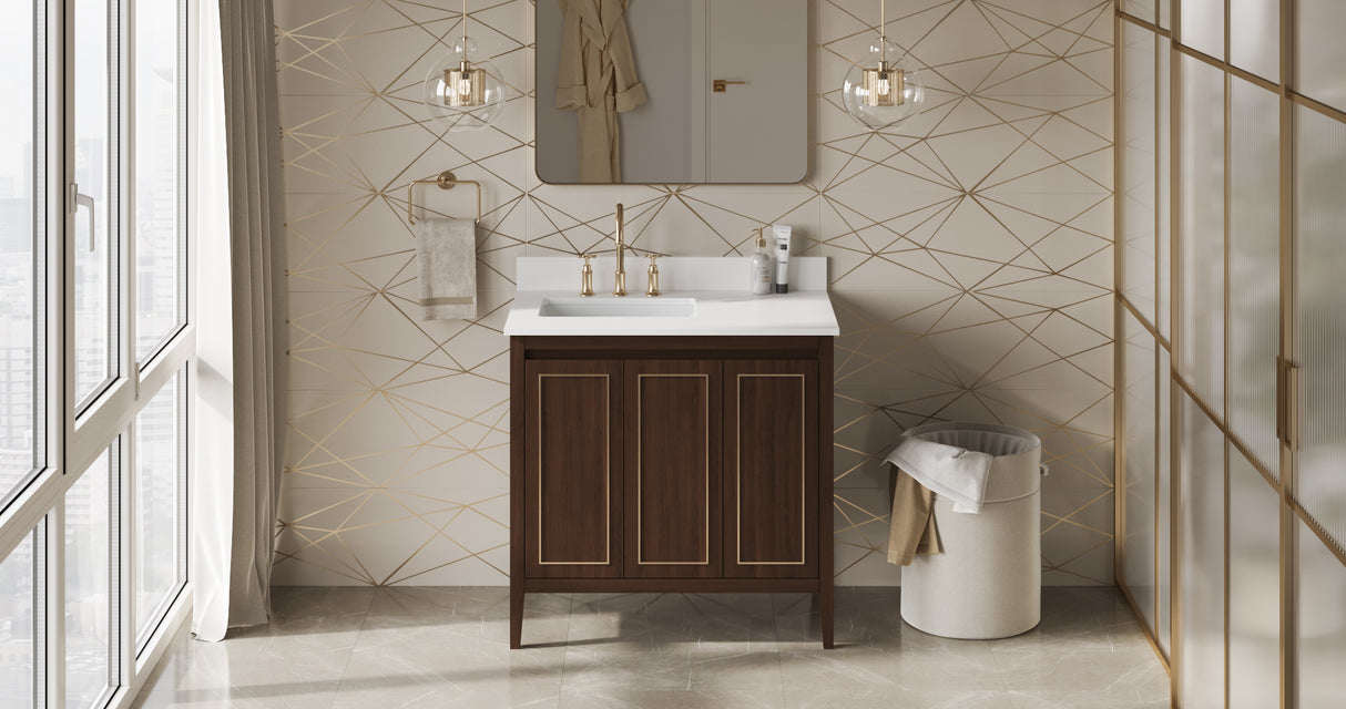 Jeffrey Alexander Percival 36" Dark Walnut Single Sink Bathroom Vanity with White Quartz Top - 8 in. Widespread Faucet Top product image 6